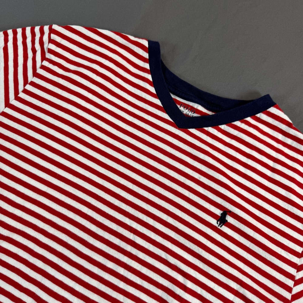 Polo Ralph Lauren Kids XL Red White Striped V-Neck T-Shirt Navy Pony Logo